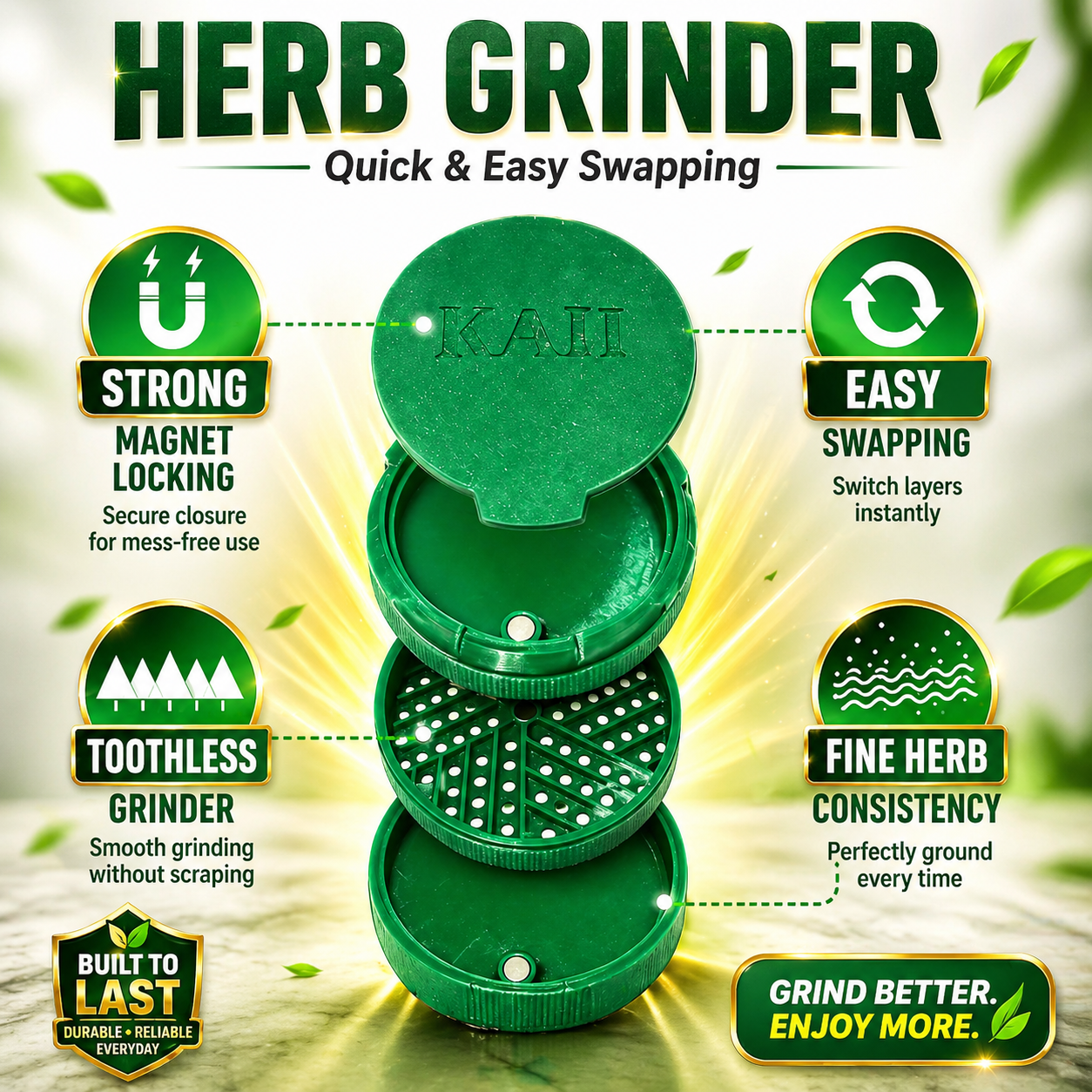 65mm Toothless Herb & Spice Crusher – Next Gen Manual Plastic Kitchen herb Grinder with Storage Compartment, Smooth Jam-Free Grinding for Peeling & Crushing Soft Spices, Green