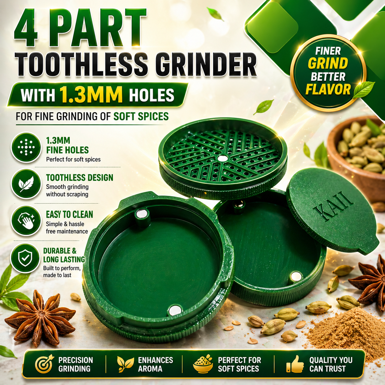 65mm Toothless Herb & Spice Crusher – Next Gen Manual Plastic Kitchen herb Grinder with Storage Compartment, Smooth Jam-Free Grinding for Peeling & Crushing Soft Spices, Green