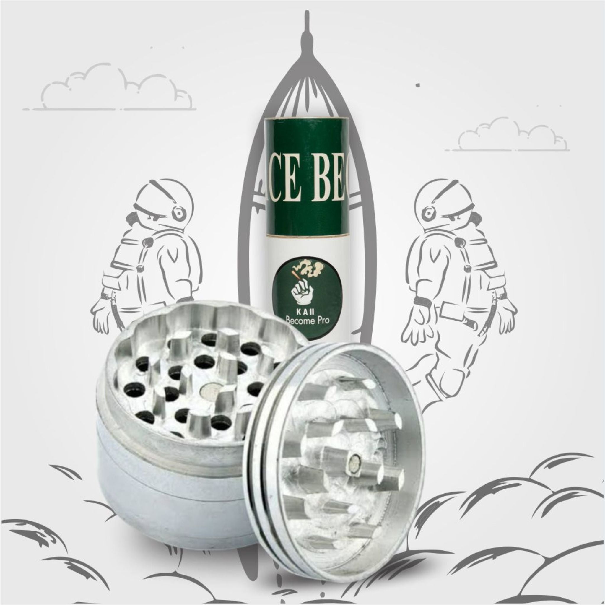 Kaii 4-Piece Aluminum Spice Mill 63mm with 50-Pack Natural Pre-Rolled Paper Cones – 109mm King Size Slim with Filter Tips & Packing Tool