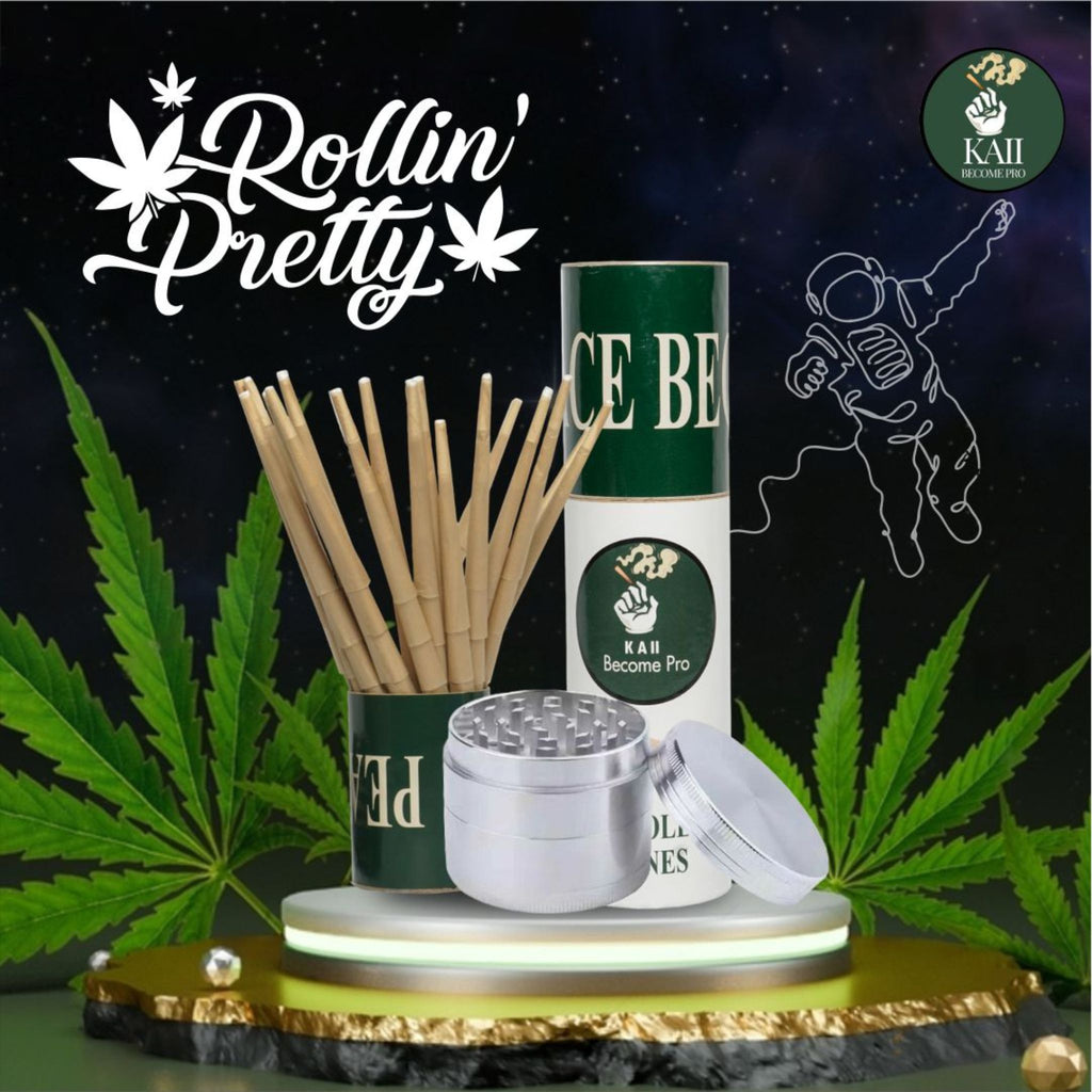 Kaii 4-Piece Aluminum Spice Mill 63mm with 50-Pack Natural Pre-Rolled Paper Cones – 109mm King Size Slim with Filter Tips & Packing Tool