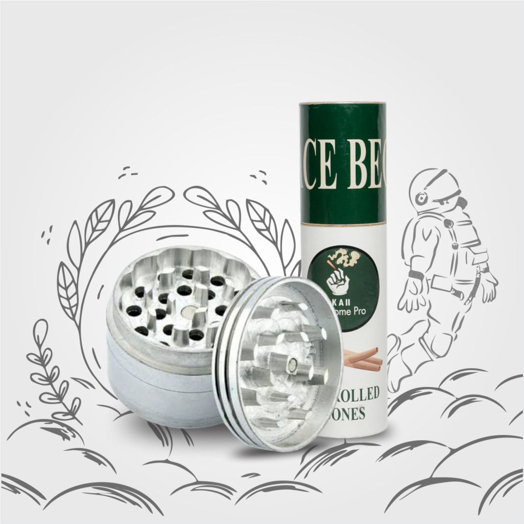 Kaii 4-Piece Aluminum Spice Mill 63mm with 50-Pack Natural Pre-Rolled Paper Cones – 109mm King Size Slim with Filter Tips & Packing Tool