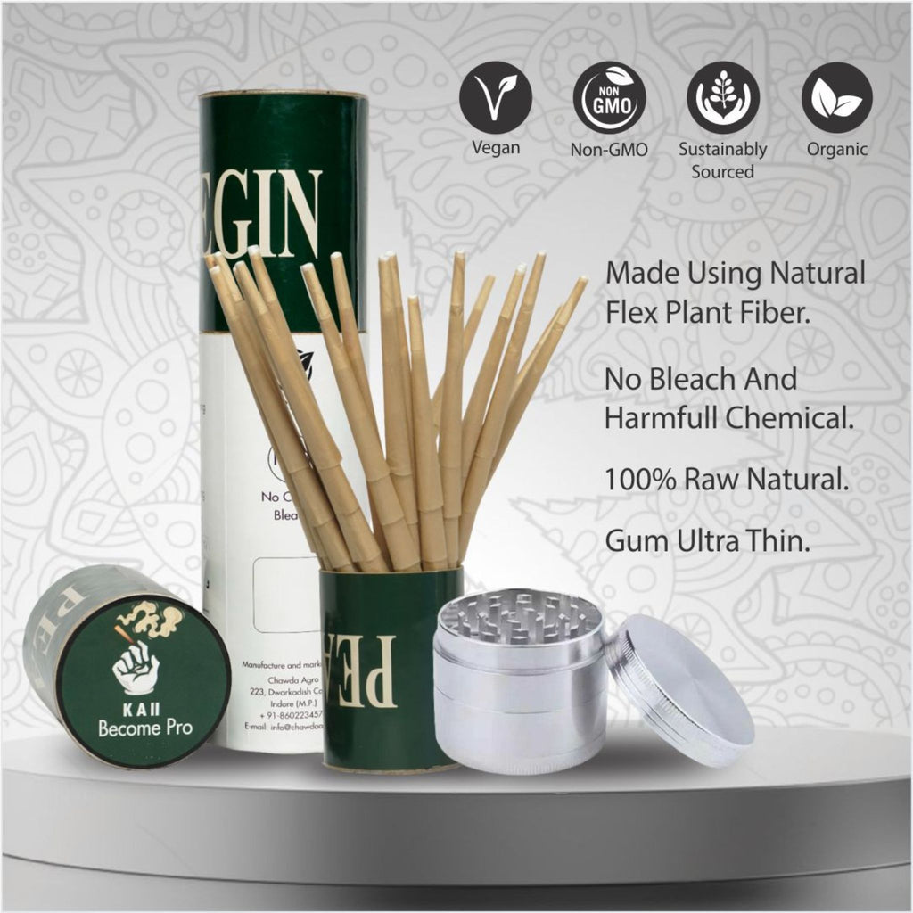 Kaii 4-Piece Aluminum Spice Mill 63mm with 50-Pack Natural Pre-Rolled Paper Cones – 109mm King Size Slim with Filter Tips & Packing Tool