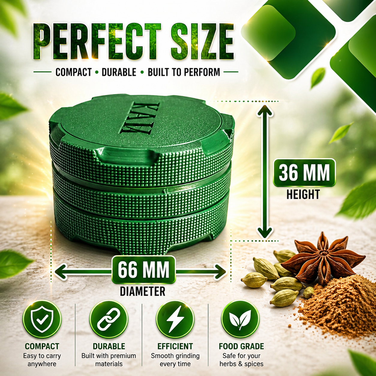 65mm Toothless Herb & Spice Crusher – Next Gen Manual Plastic Kitchen herb Grinder with Storage Compartment, Smooth Jam-Free Grinding for Peeling & Crushing Soft Spices, Green