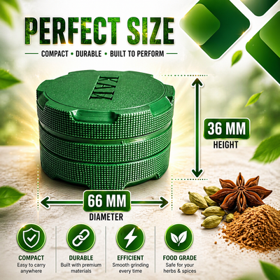 65mm Toothless Herb & Spice Crusher – Next Gen Manual Plastic Kitchen herb Grinder with Storage Compartment, Smooth Jam-Free Grinding for Peeling & Crushing Soft Spices, Green